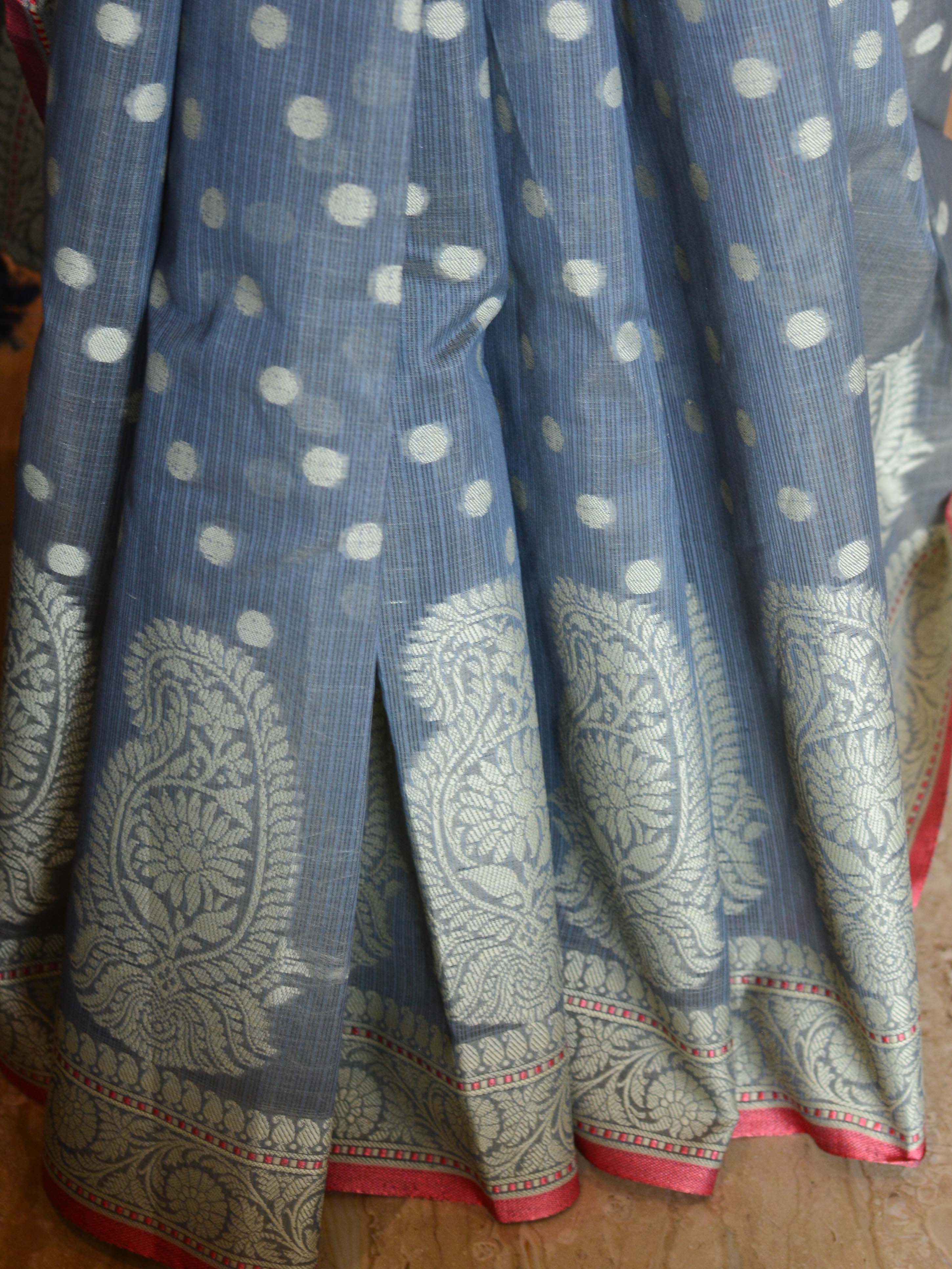 Banarasee Cotton Silk  Saree With Floral Buta & Paisley Border-Grey