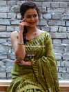 Handloom Chanderi Bagru Block Printed Saree-Olive Green