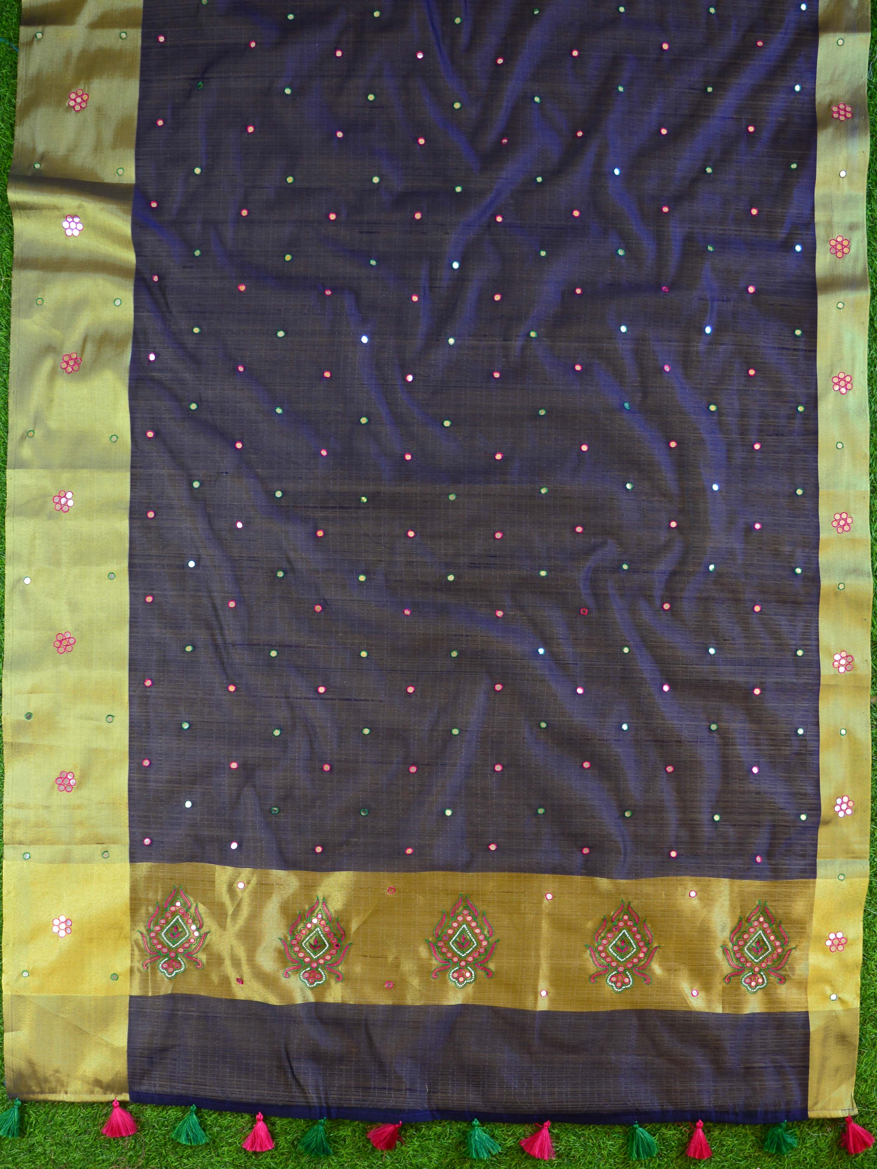 Banarasee Chanderi Cotton Saree With Embroidery Work & Zari Border-Deep Blue