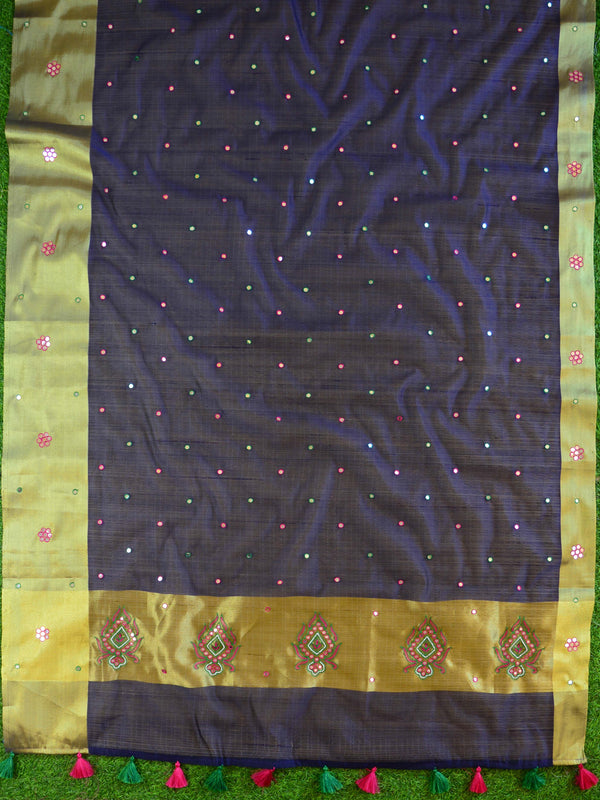 Banarasee Chanderi Cotton Saree With Embroidery Work & Zari Border-Deep Blue