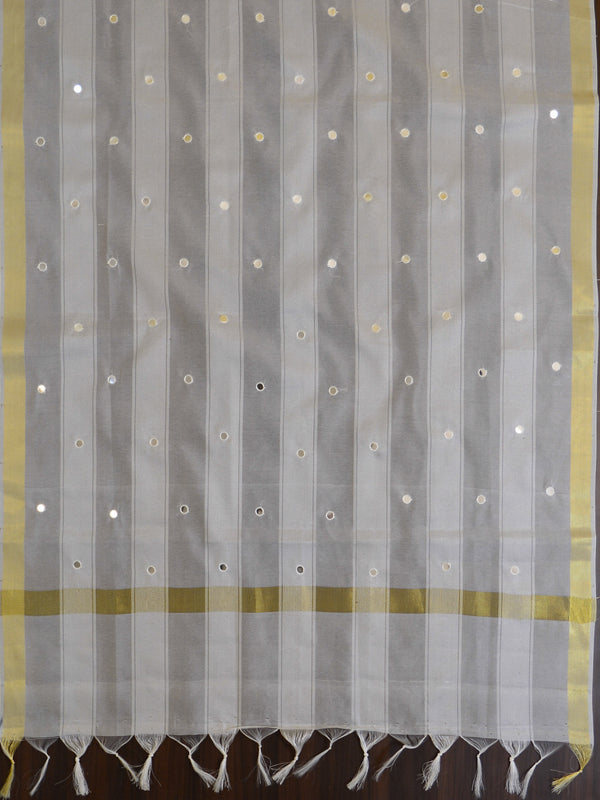Banarasee Semi-Silk Salwar Kameez Fabric With Mirror Work Dupatta-White & Black