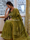 Handloom Chanderi Bagru Block Printed Saree-Olive Green