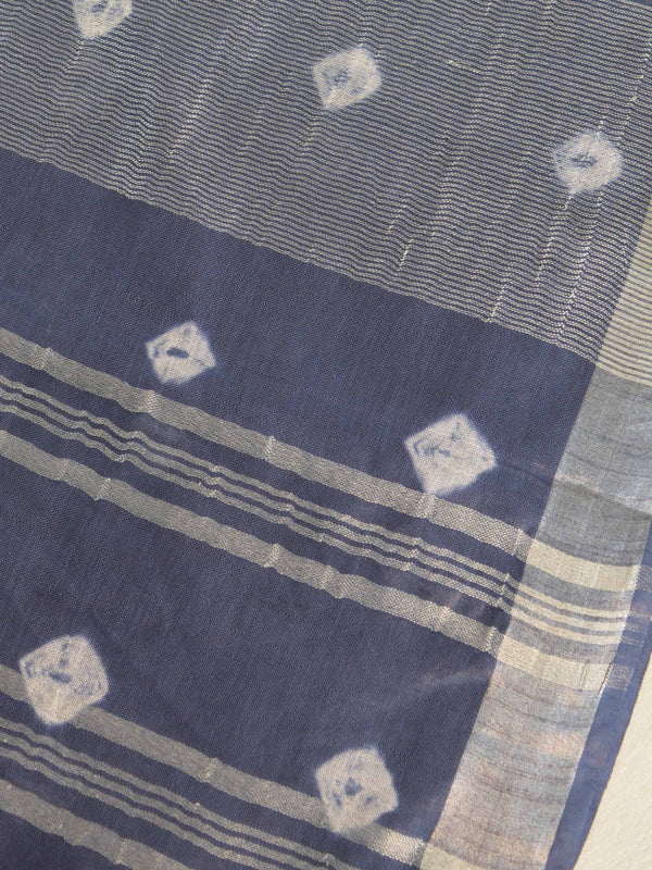 Bhagalpur Handloom Pure Linen Cotton Hand-Dyed Shibori Pattern Saree-Grey & Pink