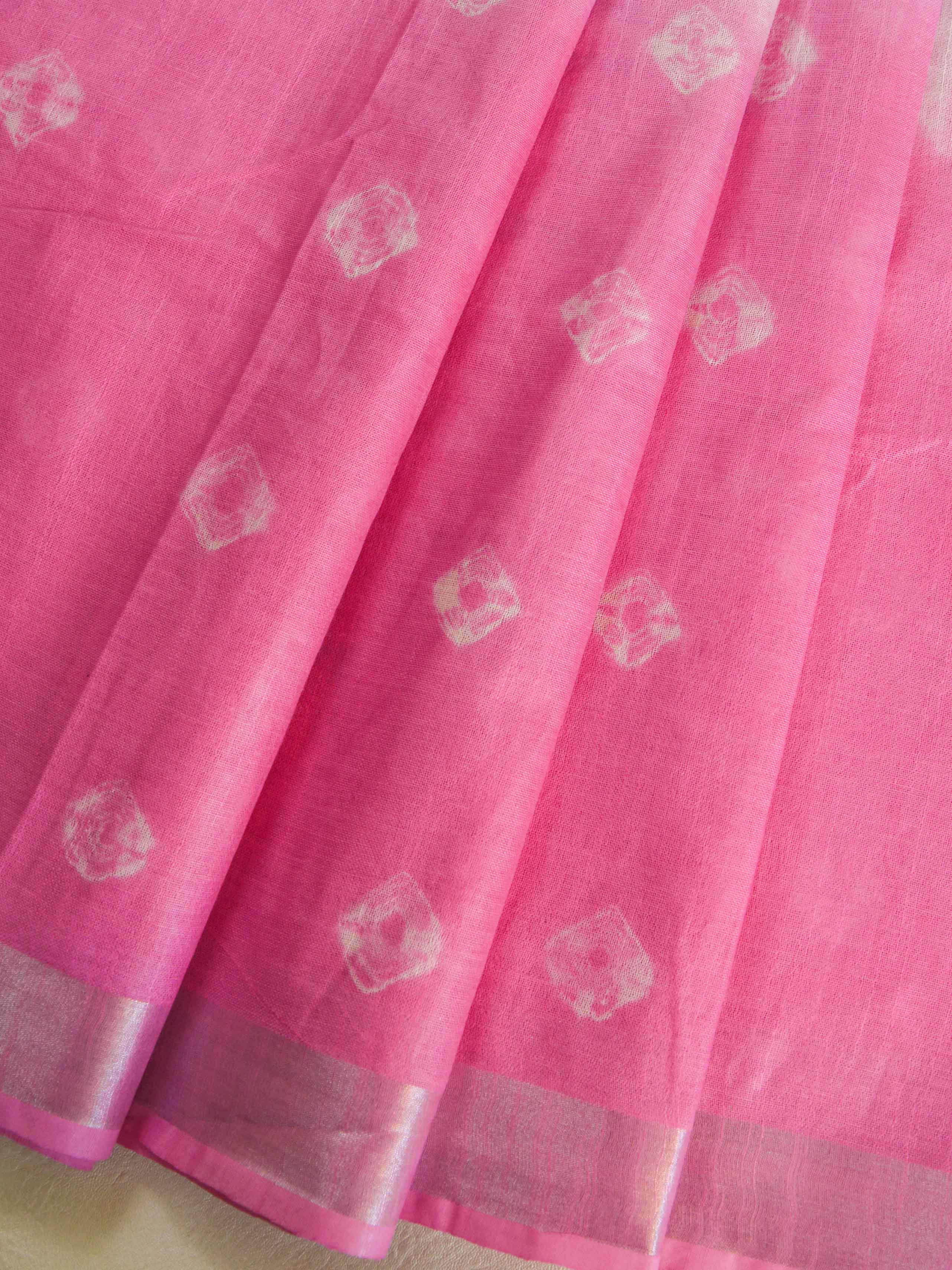 Bhagalpur Handloom Pure Linen Cotton Hand-Dyed Shibori Pattern Saree-Grey & Pink