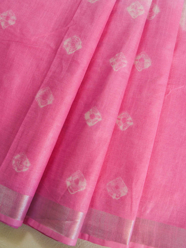Bhagalpur Handloom Pure Linen Cotton Hand-Dyed Shibori Pattern Saree-Grey & Pink
