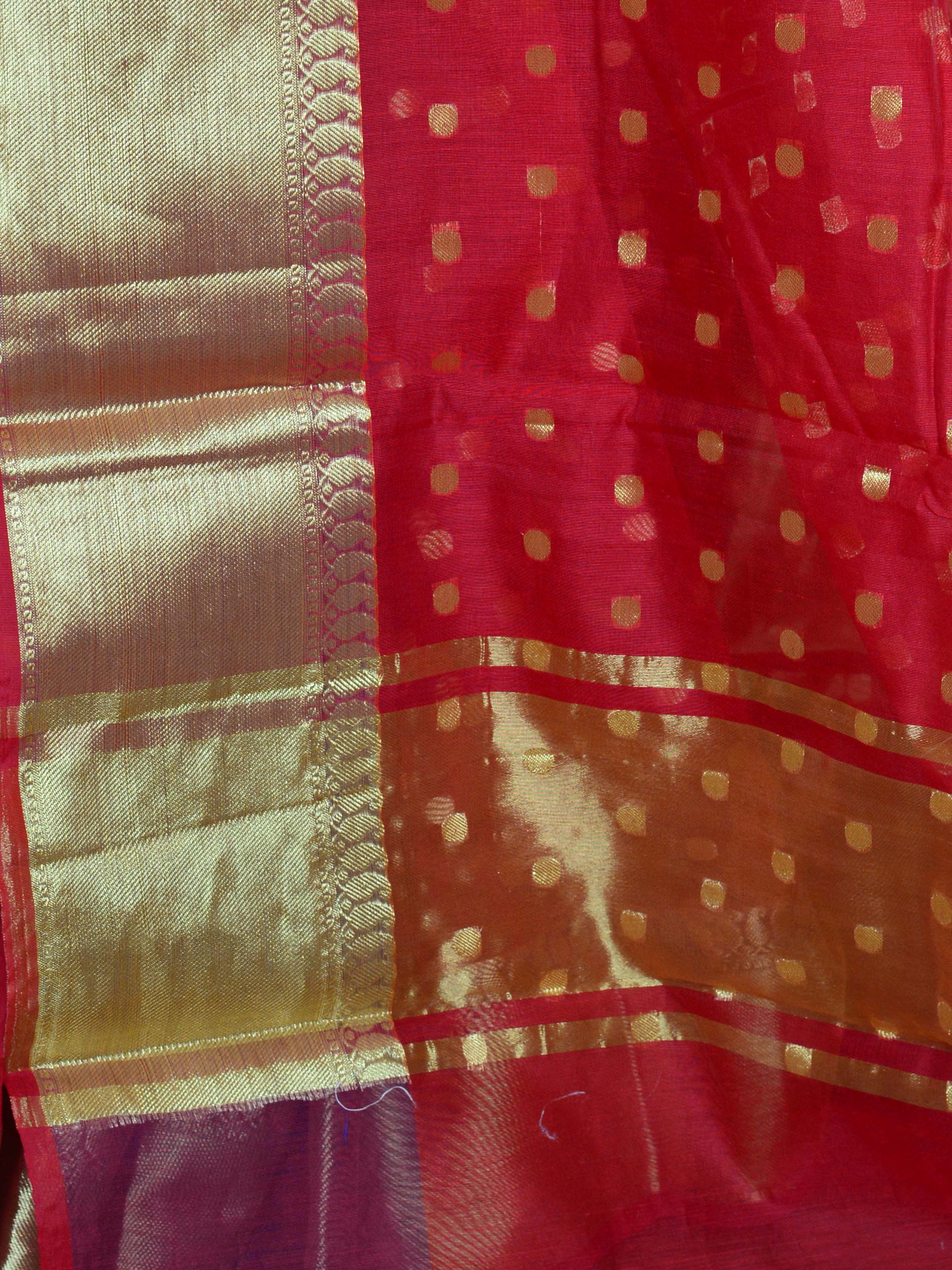 Banarasee Chanderi Cotton Zari Polka Dots With Skirt Border-Red