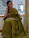 Handloom Chanderi Bagru Block Printed Saree-Olive Green