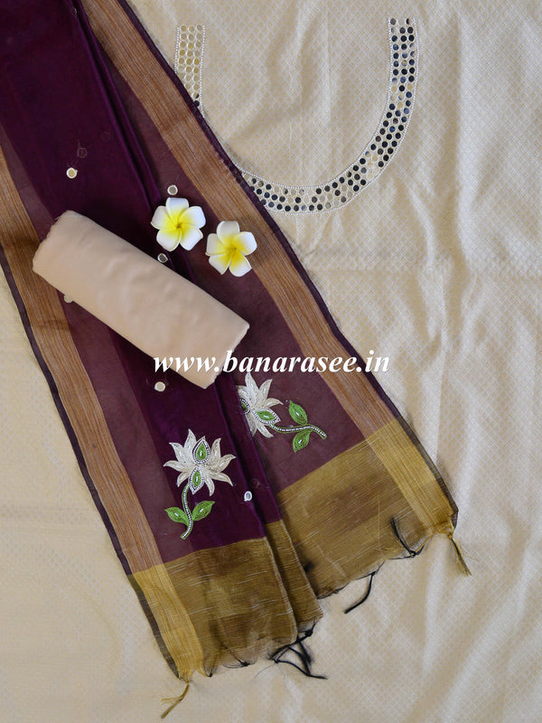 Banarasee Hand-Embroidery Chanderi Cotton Salwar Kameez Fabric With Art Silk Dupatta-Beige & Wine