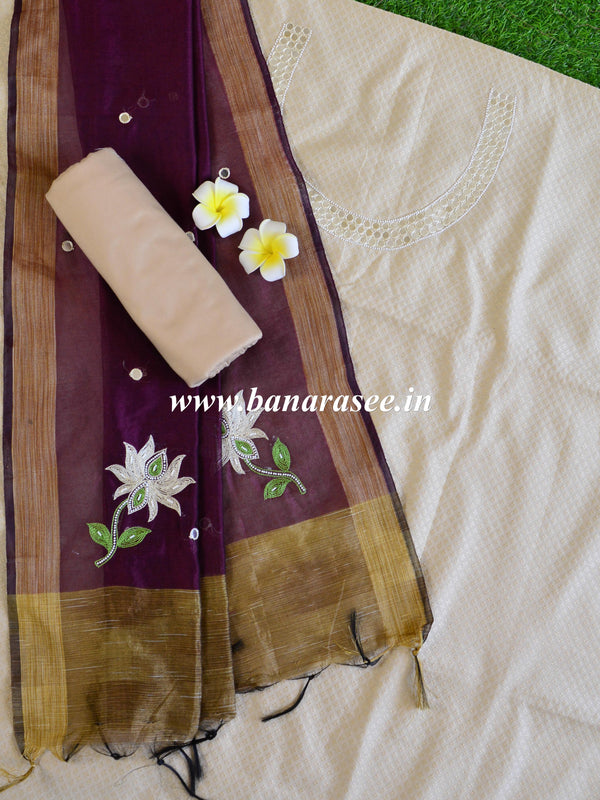 Banarasee Hand-Embroidery Chanderi Cotton Salwar Kameez Fabric With Art Silk Dupatta-Beige & Wine