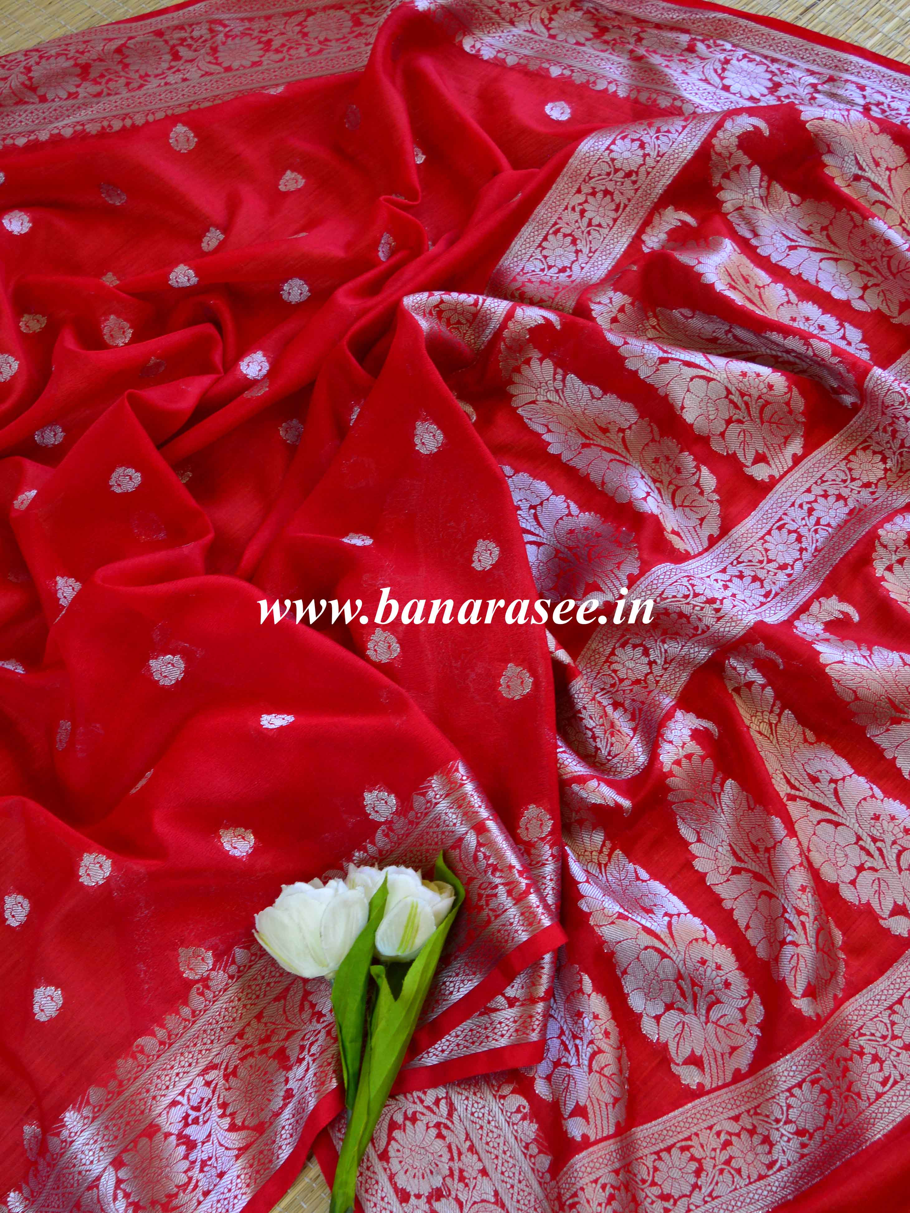 Banarasee Handwoven Semi-Chiffon Saree With Silver Zari-Red