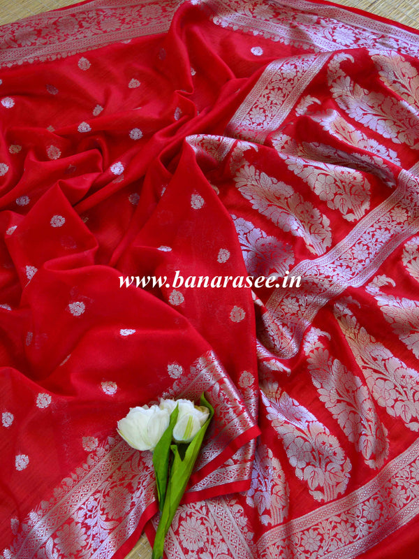 Banarasee Handwoven Semi-Chiffon Saree With Silver Zari-Red