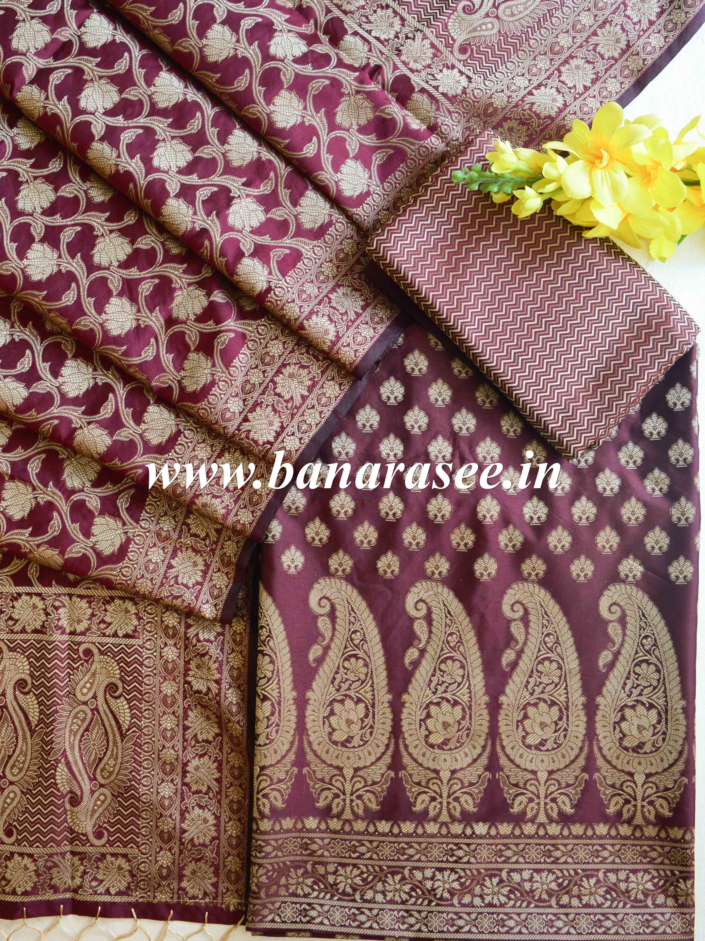Banarasee Salwar Kameez Cotton Silk Resham Buti Woven Fabric-Wine