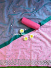 Banarasee Brocade Salwar Kameez Fabric With Mirror Work-Pink & Teal