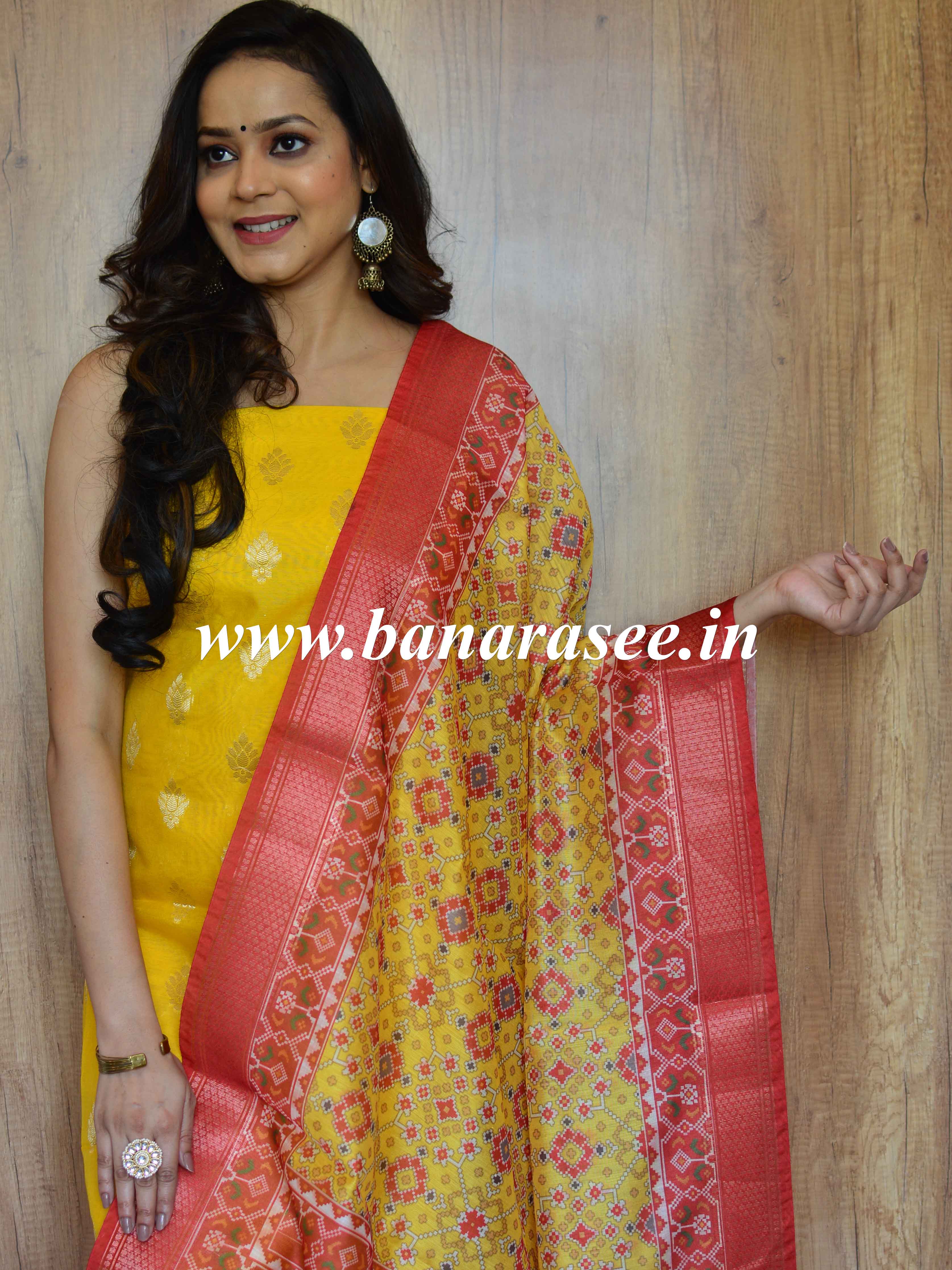 Banarasee Chanderi Cotton Zari Buta Salwar Kameez Fabric With Digital Print Dupatta-Yellow