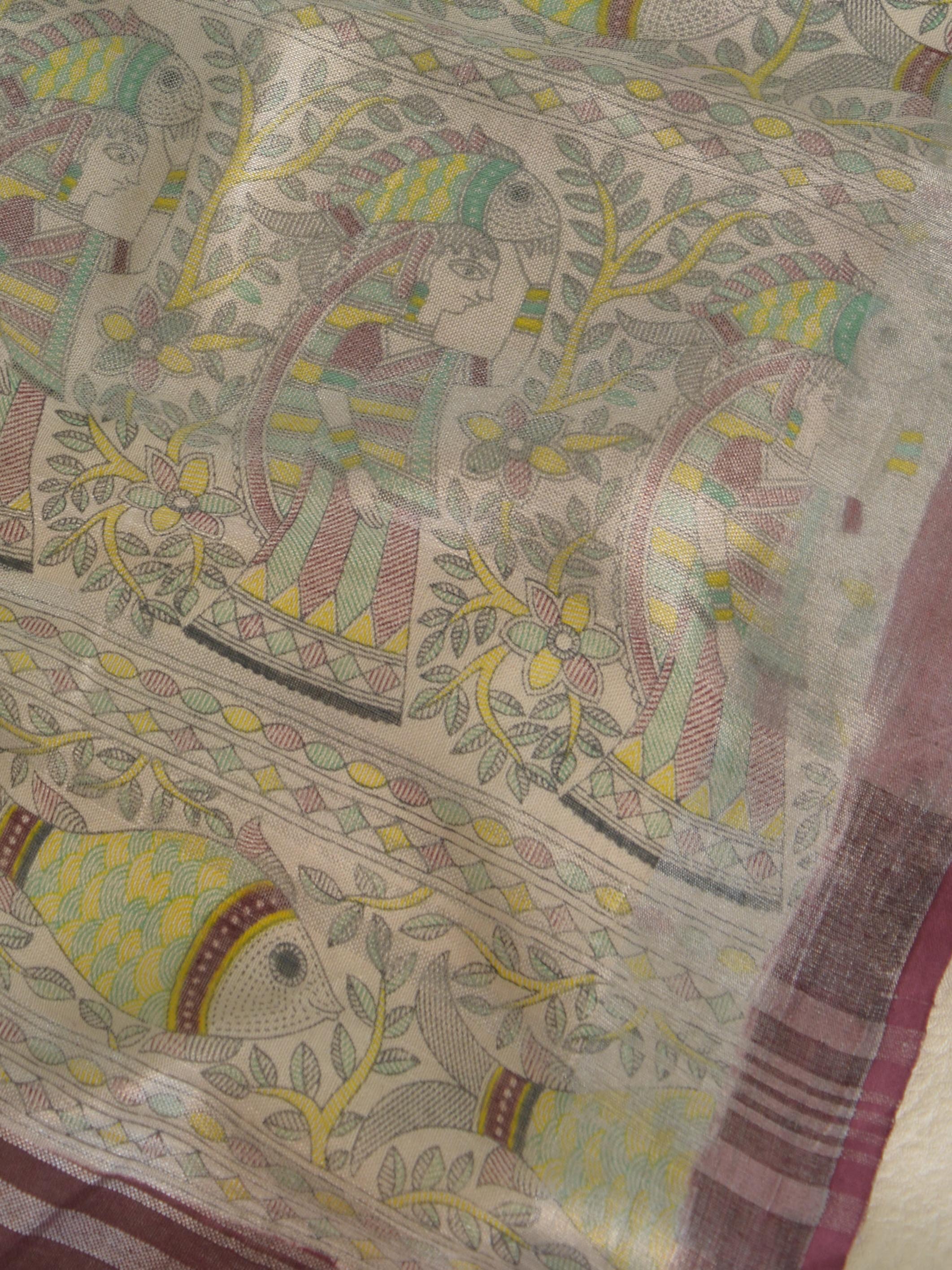 Bhagalpuri Handloom Pure Linen Cotton Block Printed Saree-Brown