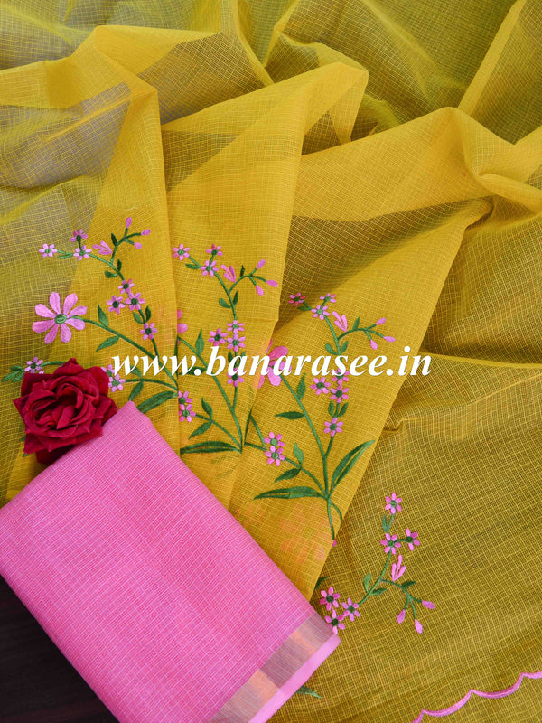 Kota Doria Cotton Mix Saree With Embroidery Work-Yellow