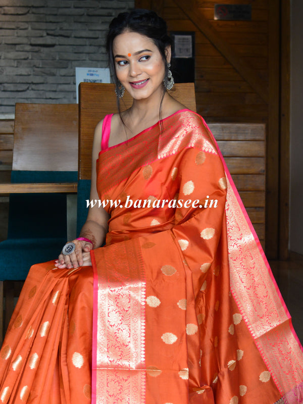 Banarasee Art Silk Saree With Buta Design & Contrast Border-Orange
