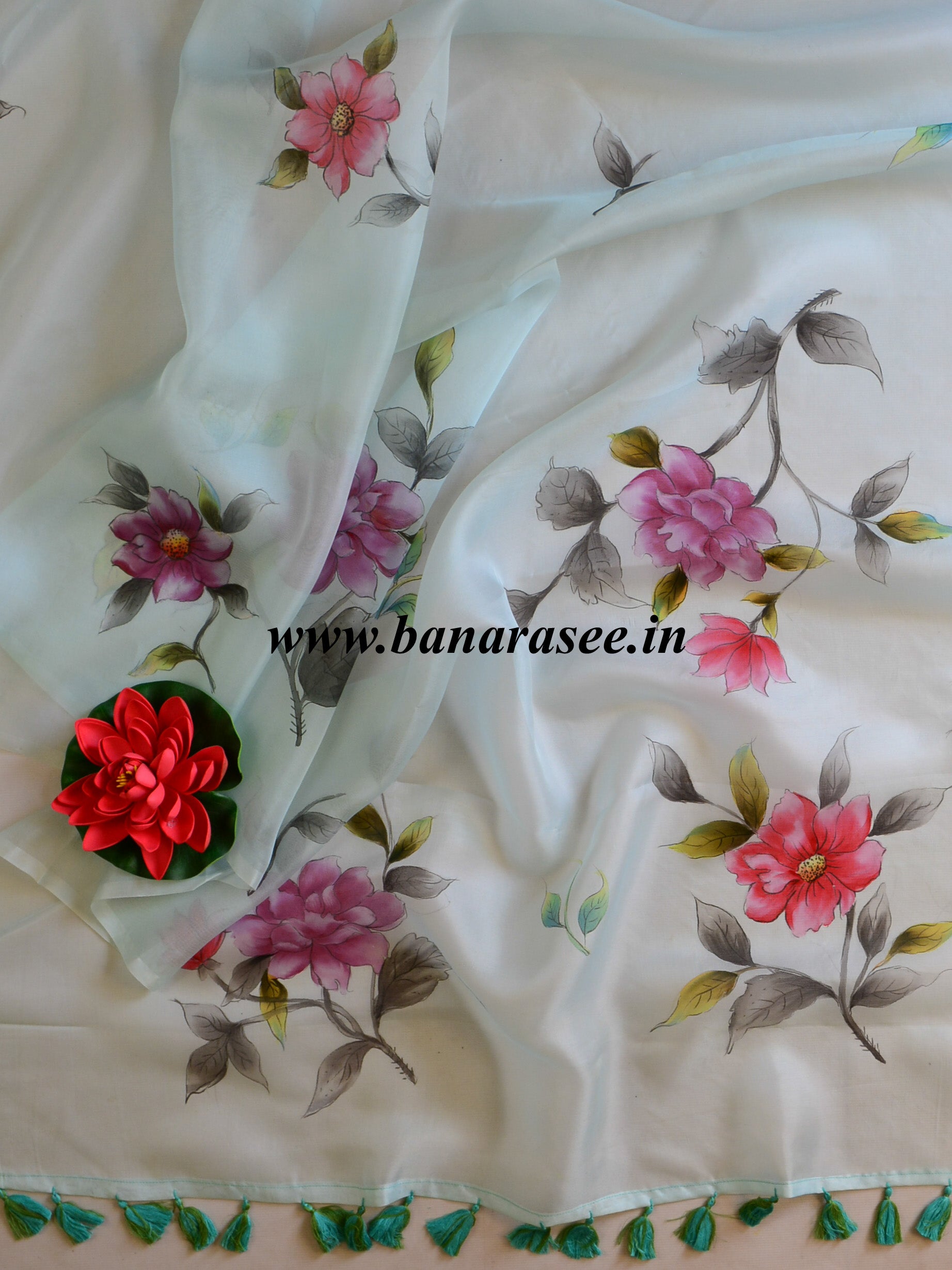 Banarasee Pure Organza Silk Saree With Hand-Paint Floral Design-Sky Blue