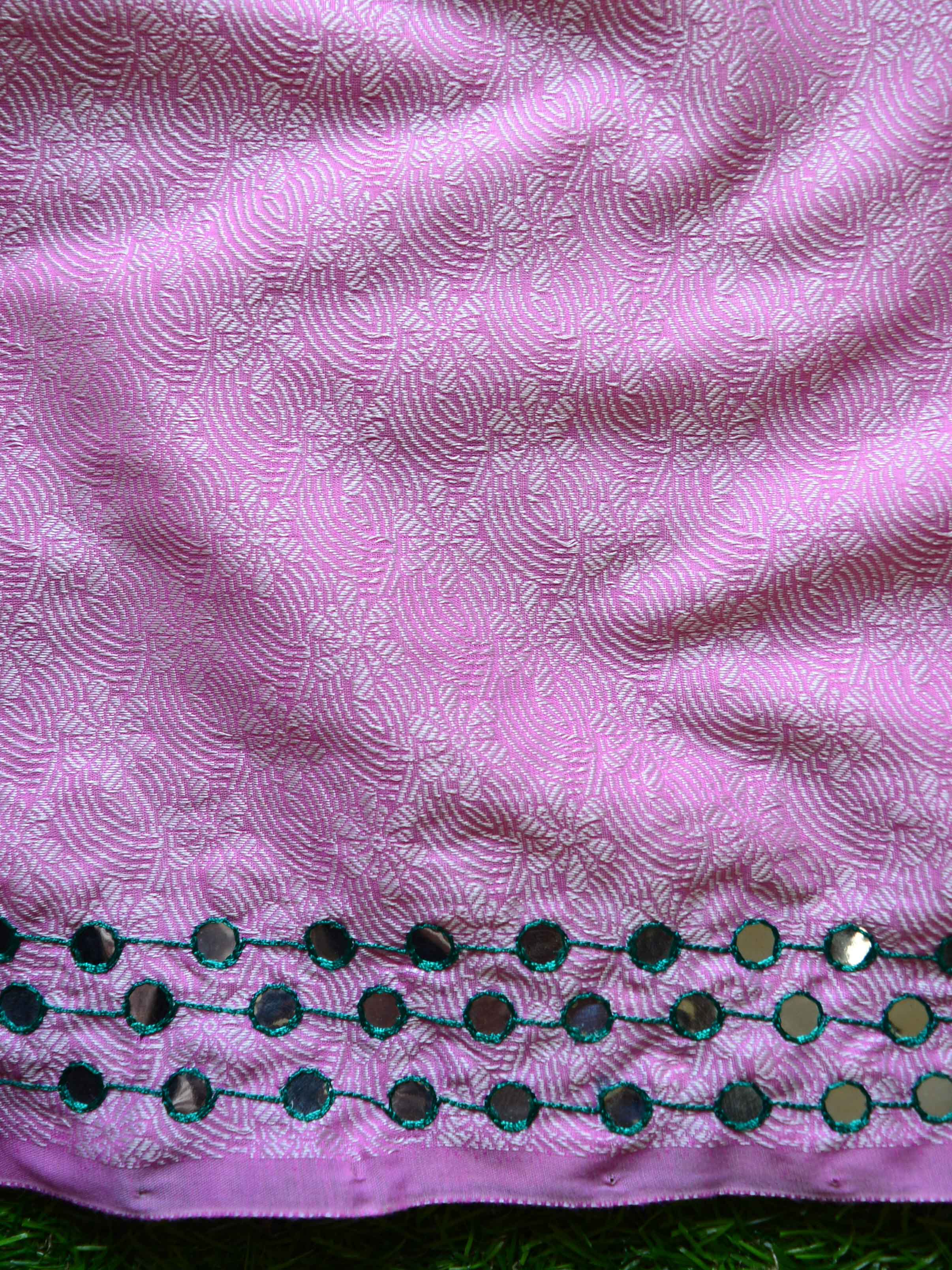 Banarasee Brocade Salwar Kameez Fabric With Mirror Work-Pink & Teal