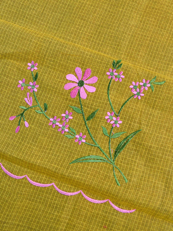 Kota Doria Cotton Mix Saree With Embroidery Work-Yellow