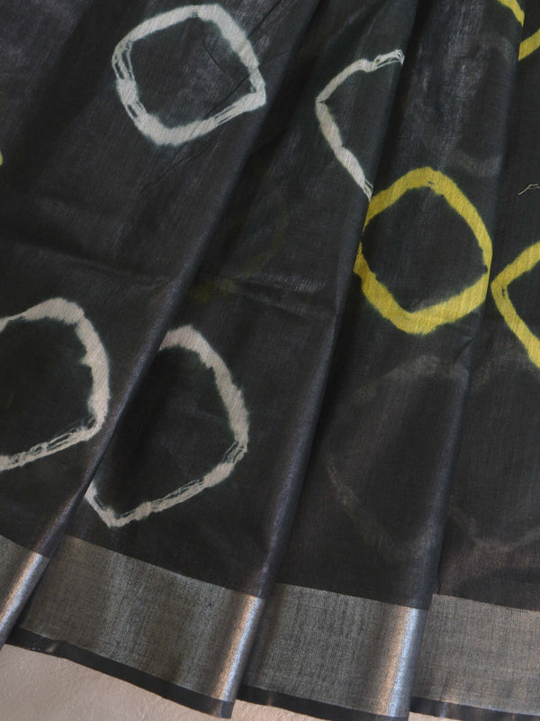 Bhagalpur Handloom Pure Linen Cotton Hand-Dyed Shibori Pattern Saree-Black