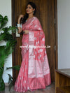 Banarasee Cotton Silk Saree With  Silver Zari Buta & Border-Peach
