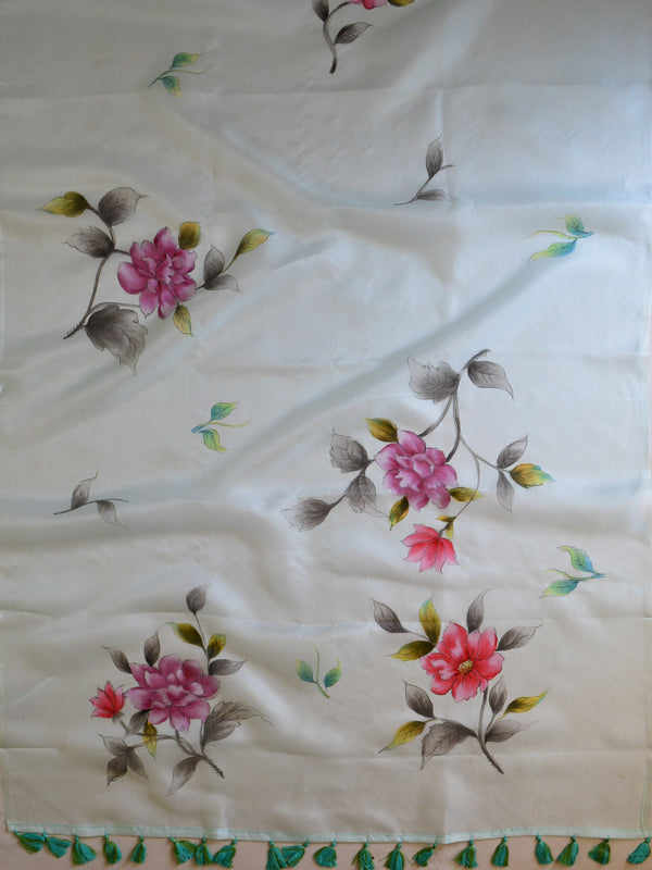 Banarasee Pure Organza Silk Saree With Hand-Paint Floral Design-Sky Blue