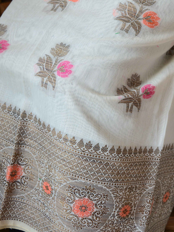 Banarasee Chanderi Cotton Salwar Kameez Fabric With Ghiccha Work-White