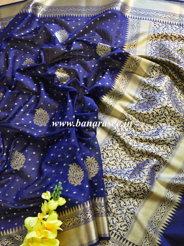 Banarasee Handwoven Semi Silk Saree With Zari Buti & Border-Blue