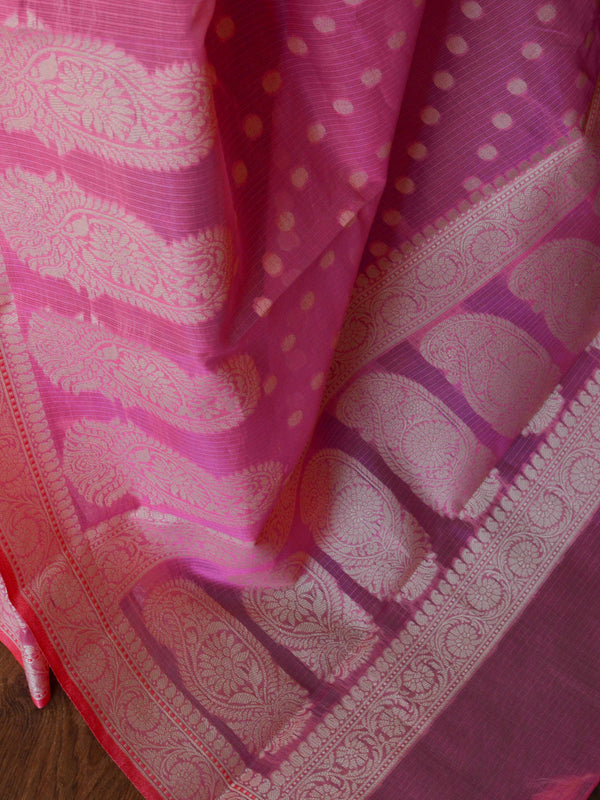 Banarasee Cotton Silk  Saree With Floral Buta & Paisley Border-Pink