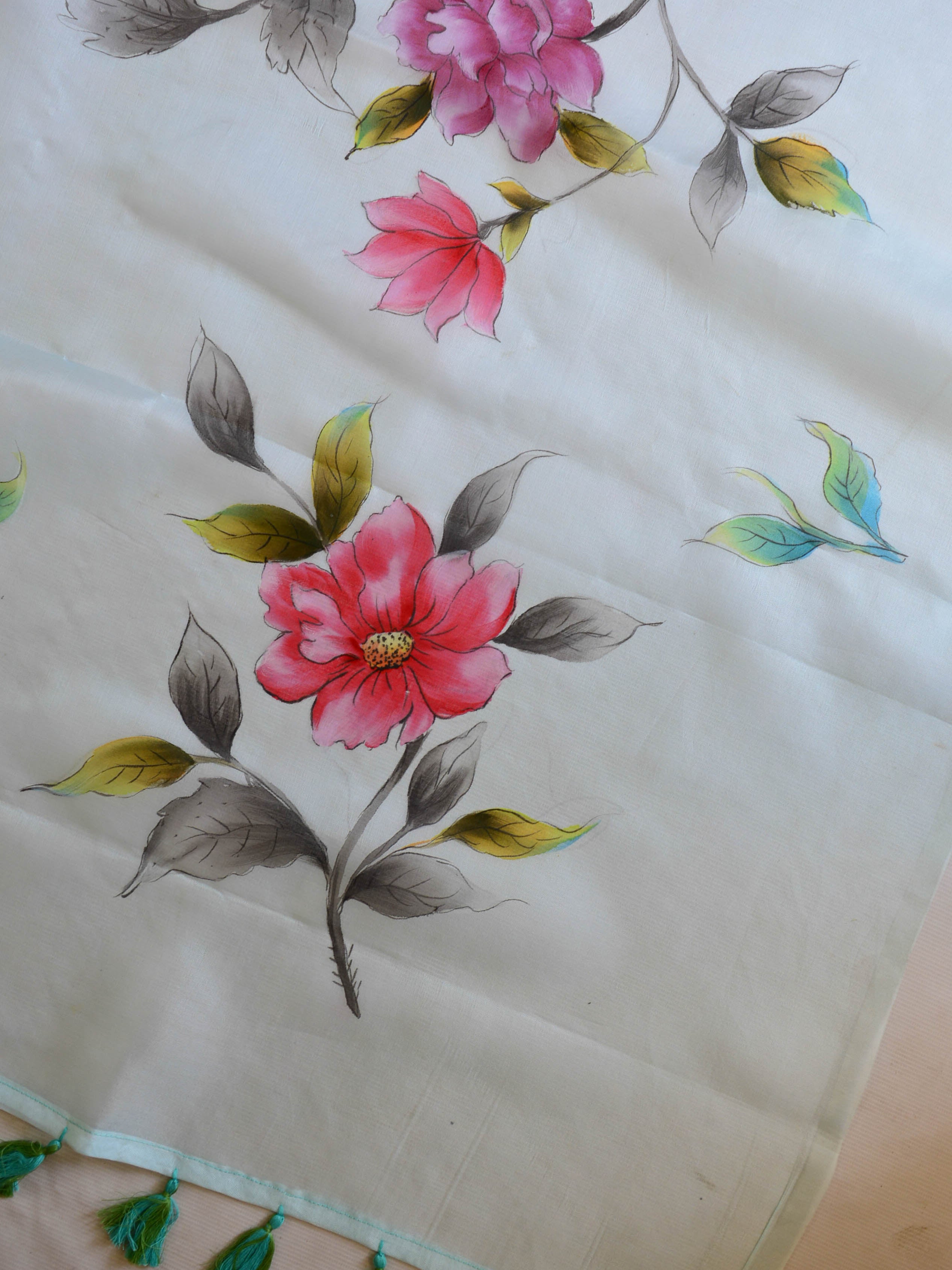Banarasee Pure Organza Silk Saree With Hand-Paint Floral Design-Sky Blue