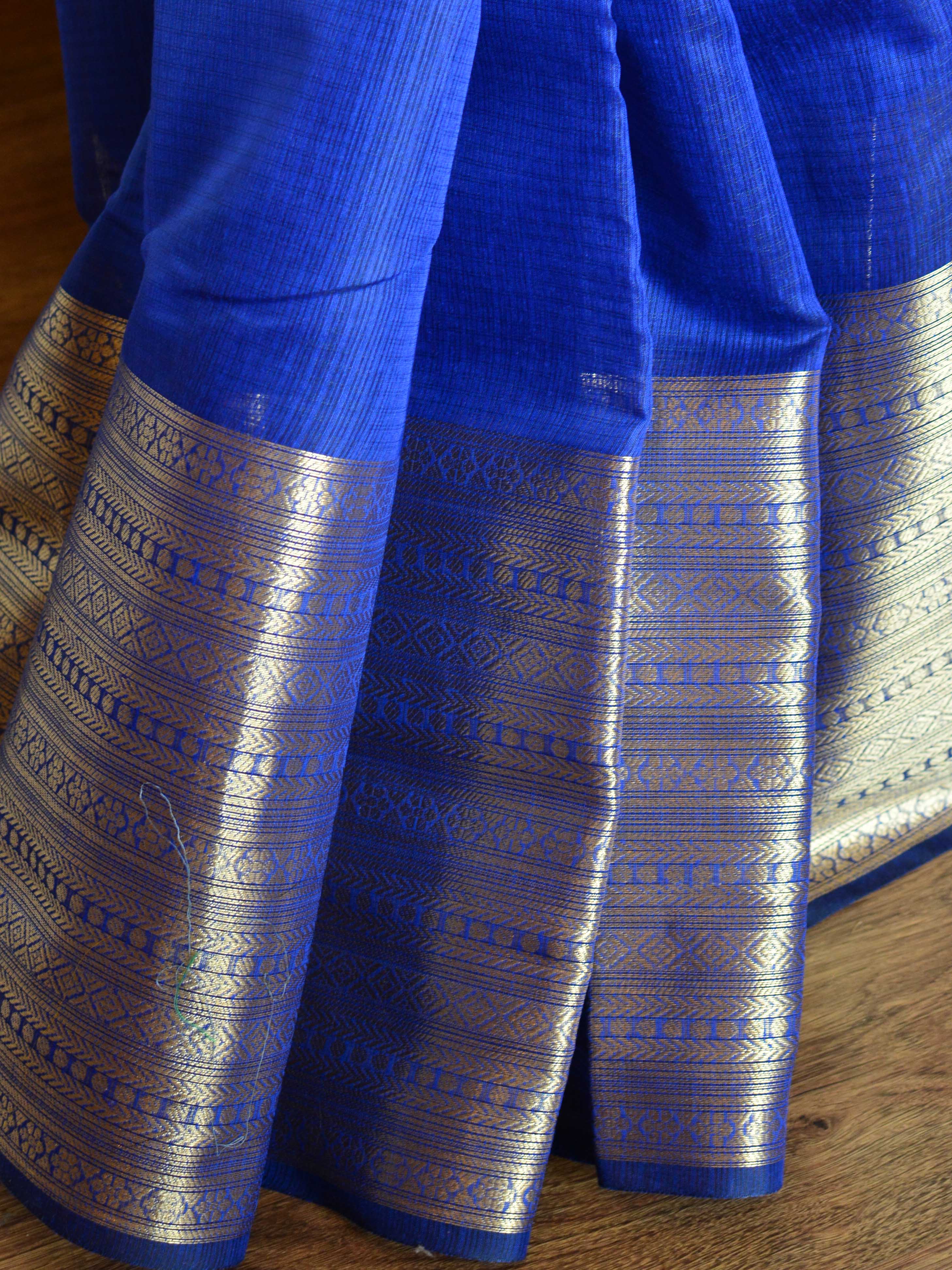 Banarasee Cotton Silk Plain Body Saree With Zari Skirt Border-Blue
