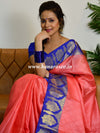 Banarasee Kora Muslin Saree With Buta Design & Skirt Border-Peach & Blue