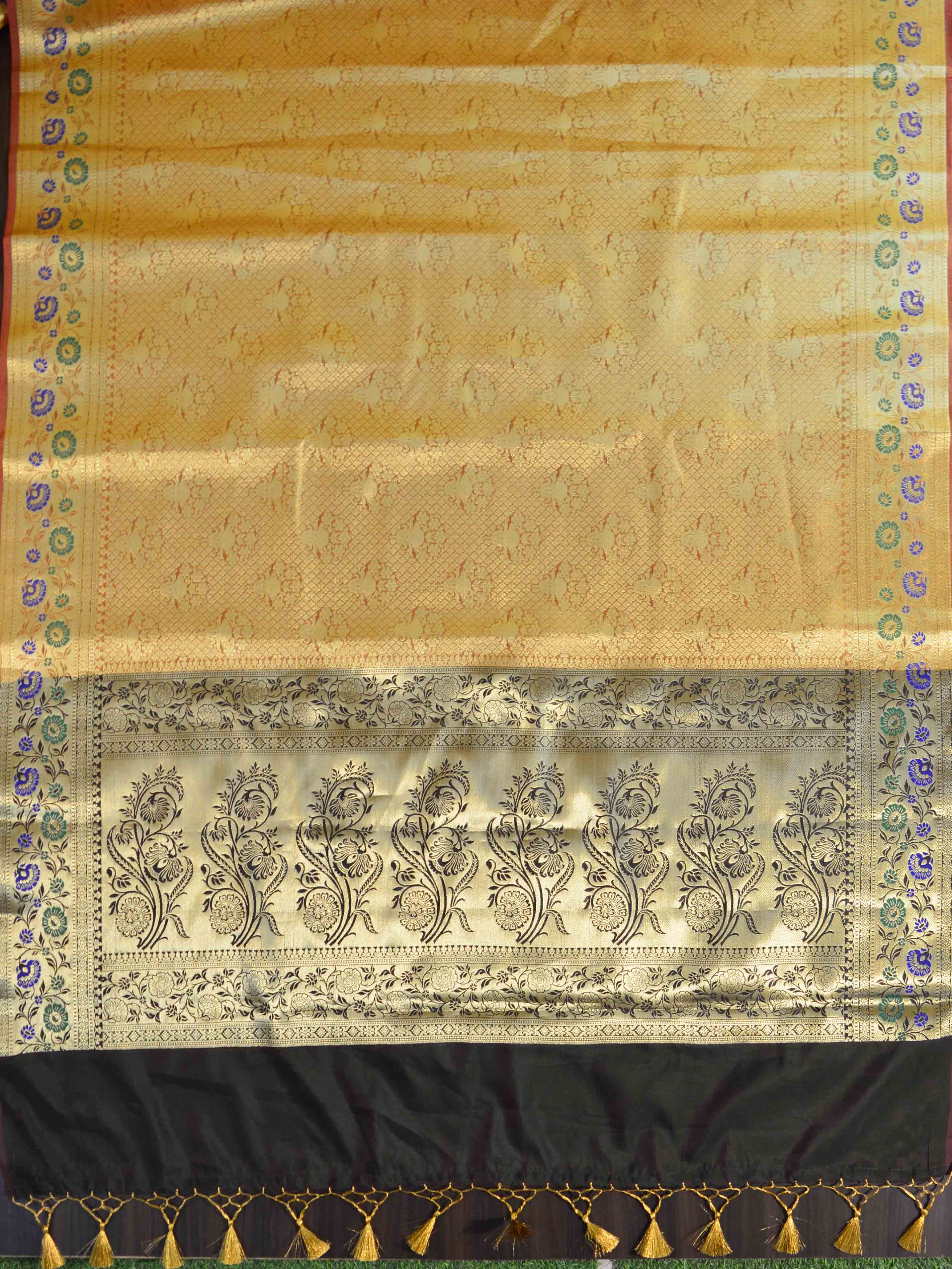 Banarasee Art Silk Saree With Meena Floral Border & Self Weaving Work-Gold