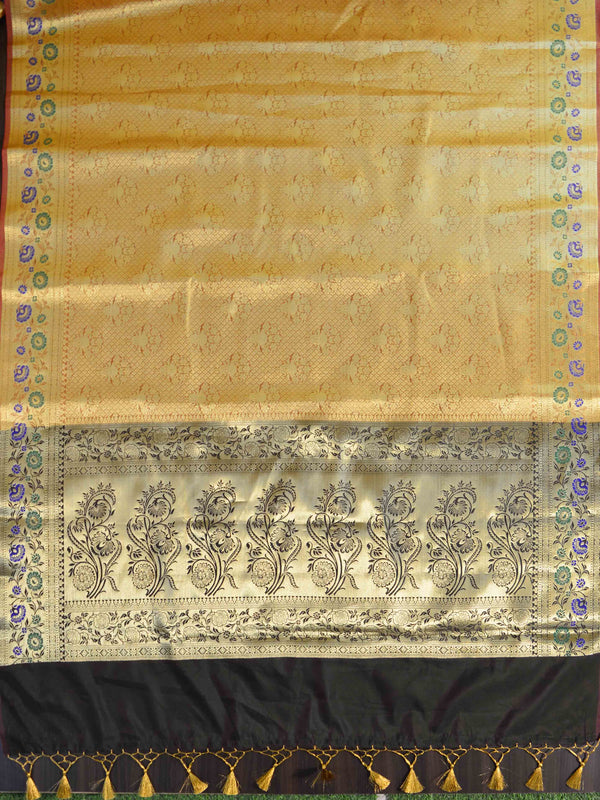 Banarasee Art Silk Saree With Meena Floral Border & Self Weaving Work-Gold