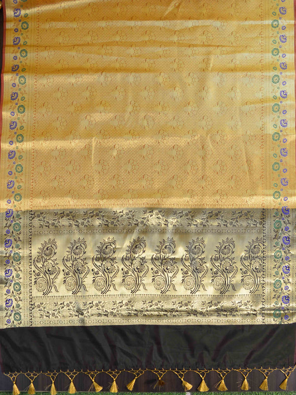 Banarasee Art Silk Saree With Meena Floral Border & Self Weaving Work-Gold