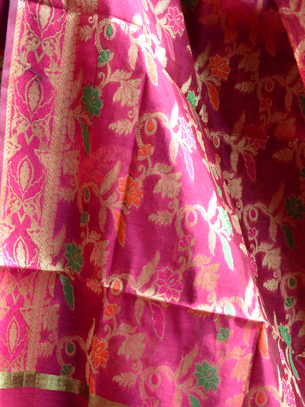 Banarasee Chanderi Cotton Salwar Kameez Fabric With Dupatta Zari Buta Design-Magenta