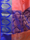 Banarasee Kora Muslin Saree With Buta Design & Skirt Border-Peach & Blue