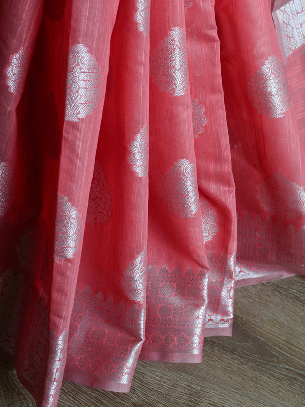 Banarasee Cotton Silk Saree With  Silver Zari Buta & Border-Peach