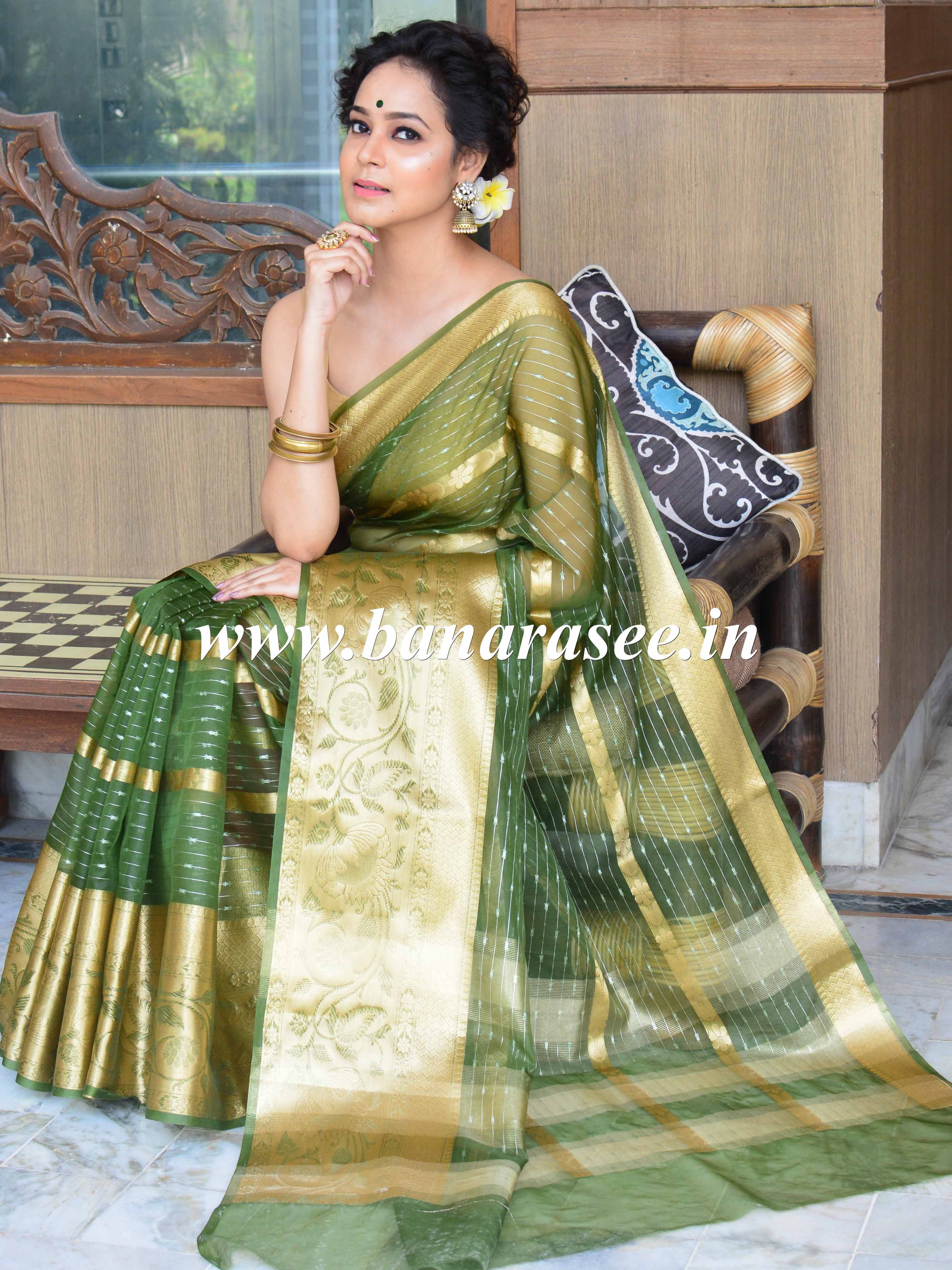 Banarasee Organza Mix Saree With Stripes Design & Broad Border-Olive Green