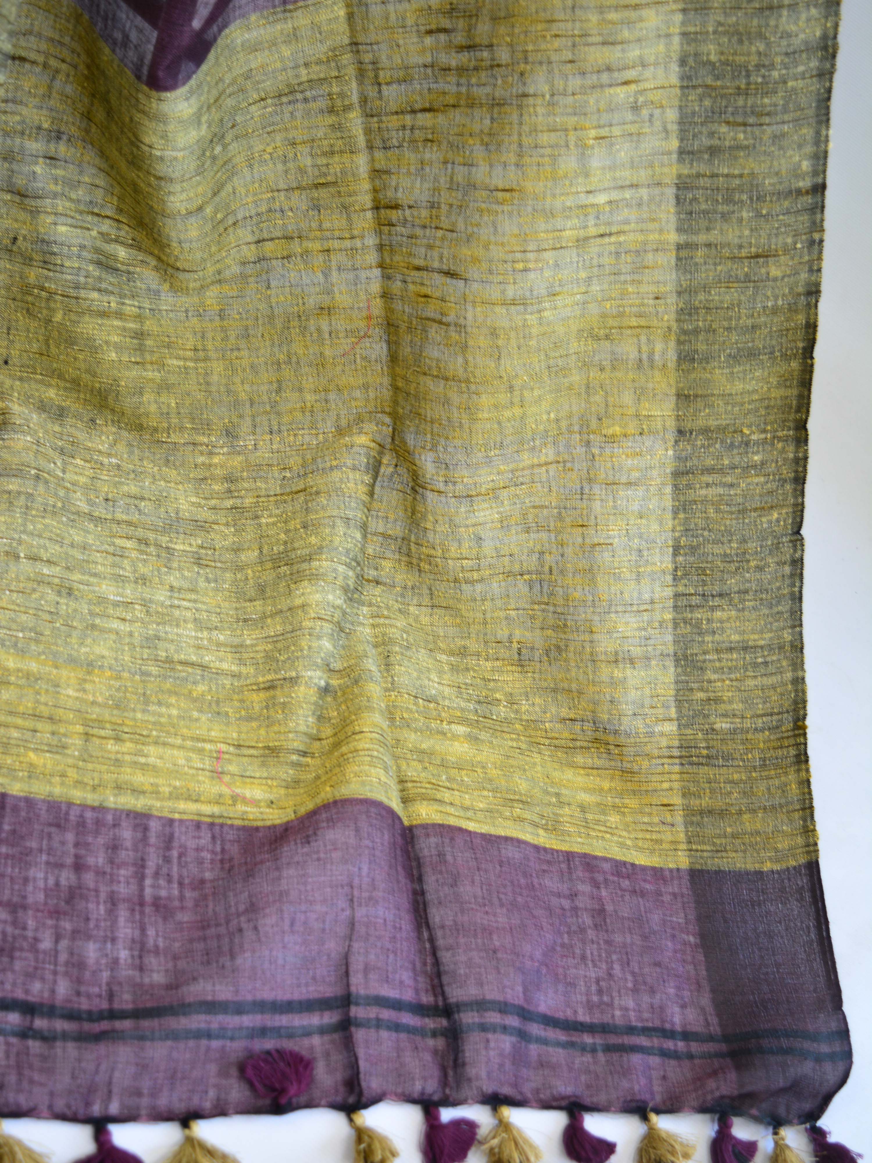 Banarasee Handloom Pure Linen Color Block Saree-Purple & Black