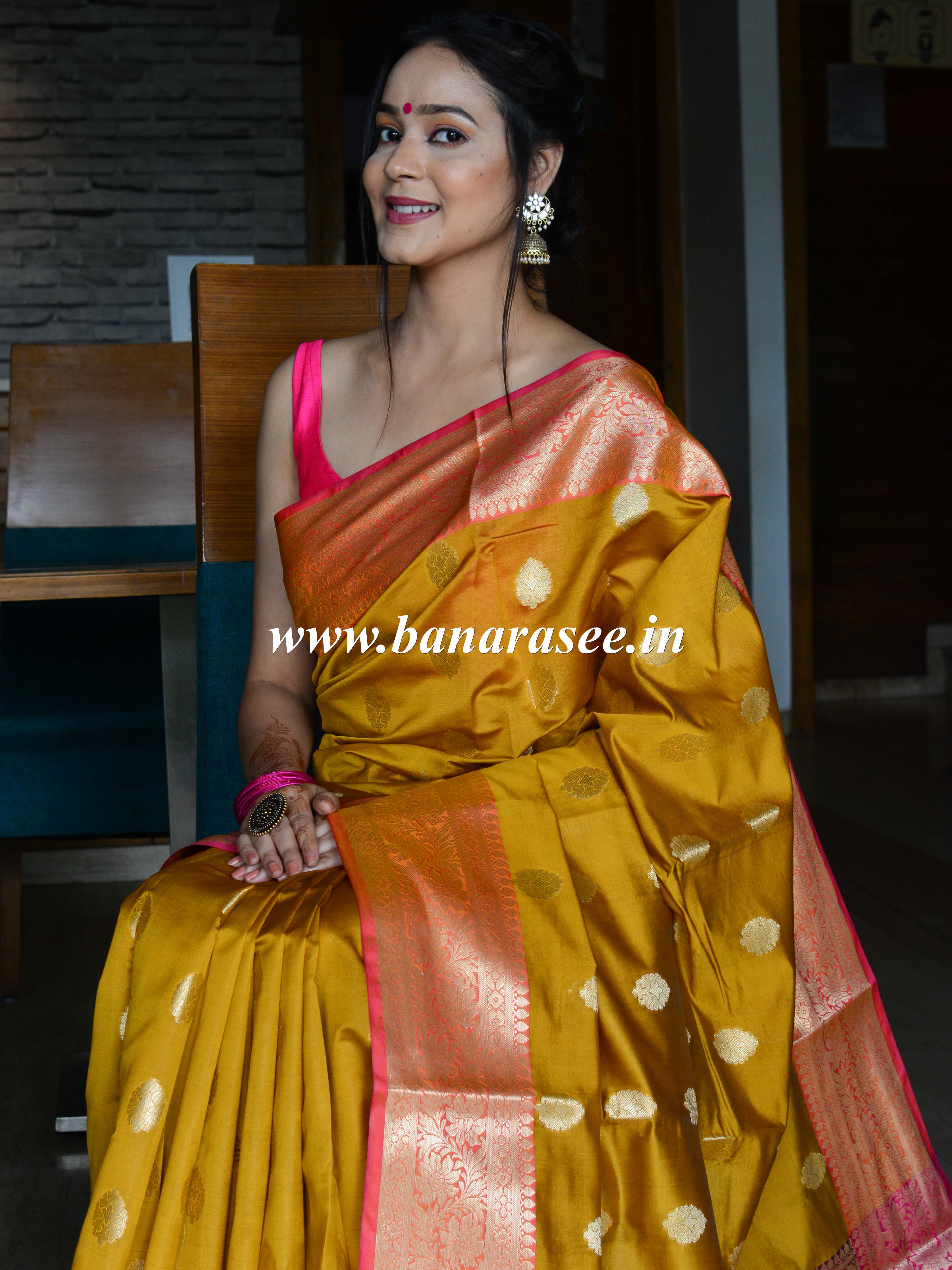 Banarasee Art Silk Saree With Buta Design & Contrast Border-Mustard Yellow