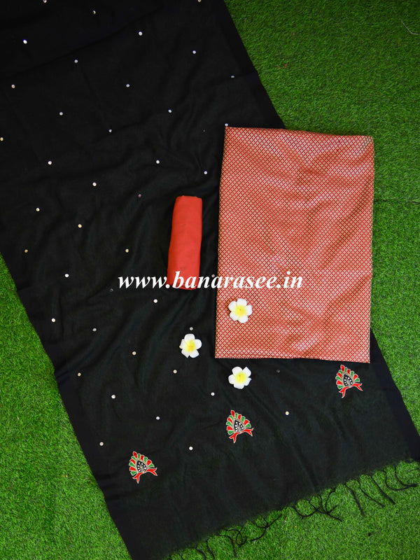 Banarasee Brocade Salwar Kameez Fabric With Mirror Work Dupatta-Rust & Black