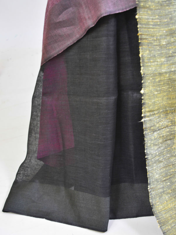 Banarasee Handloom Pure Linen Color Block Saree-Purple & Black