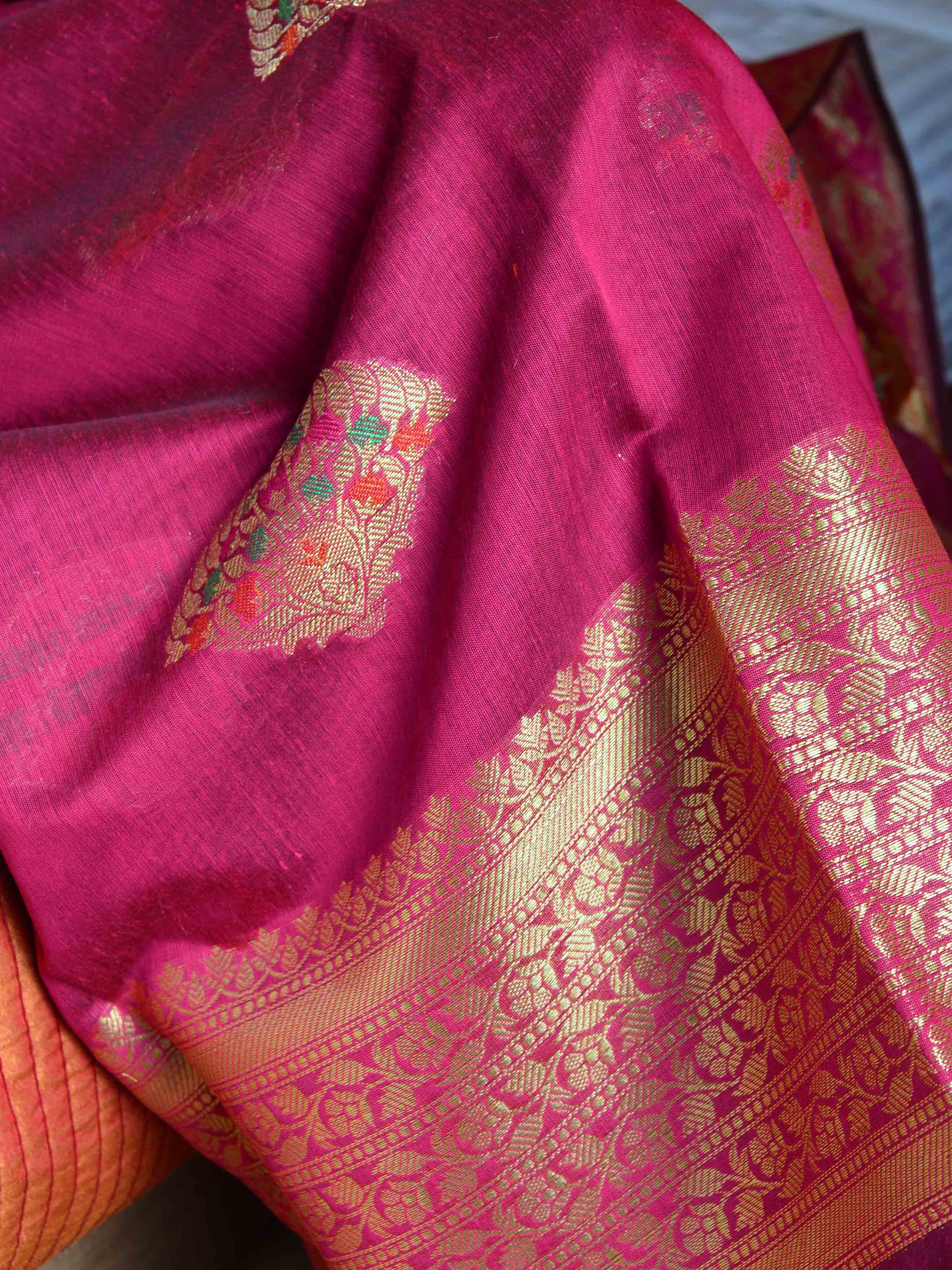 Banarasee Chanderi Cotton Salwar Kameez Fabric With Dupatta Zari Buta Design-Magenta