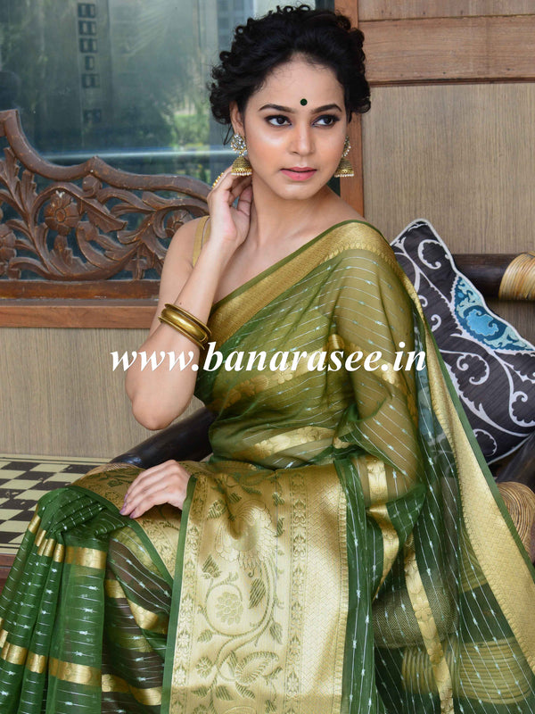 Banarasee Organza Mix Saree With Stripes Design & Broad Border-Olive Green