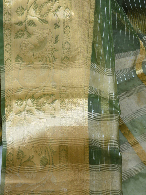 Banarasee Organza Mix Saree With Stripes Design & Broad Border-Olive Green