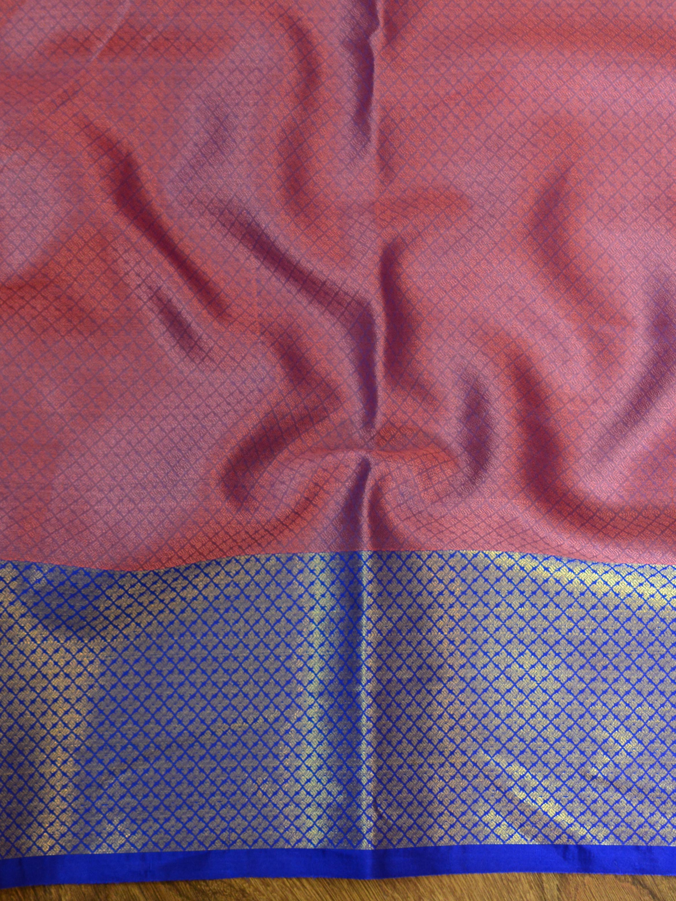 Banarasee Kora Muslin Saree With Buta Design & Skirt Border-Peach & Blue
