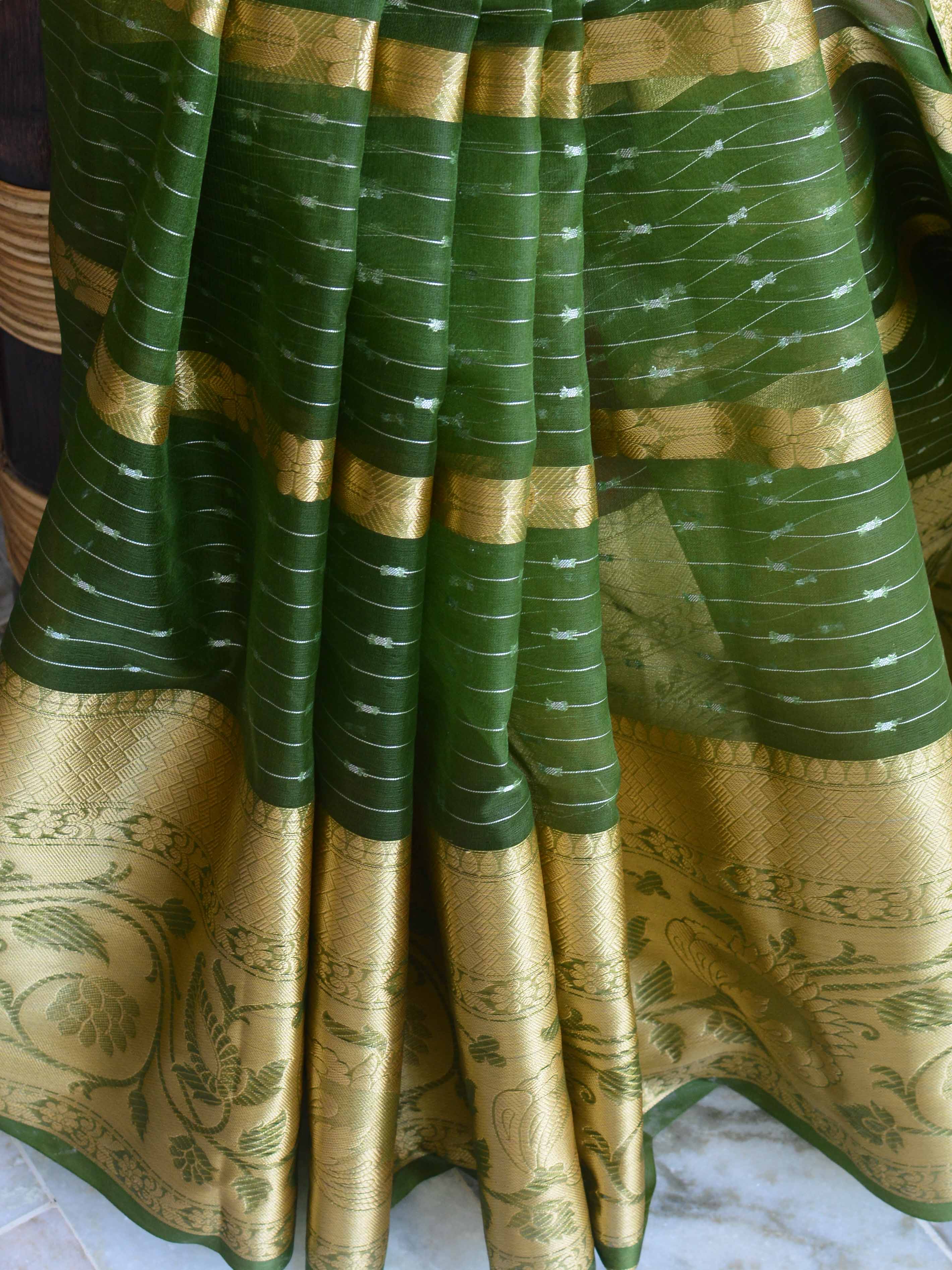 Banarasee Organza Mix Saree With Stripes Design & Broad Border-Olive Green