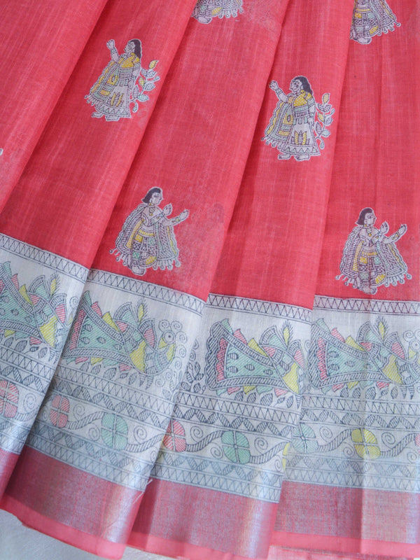 Bhagalpuri Handloom Pure Linen Cotton Block Printed Saree-Red